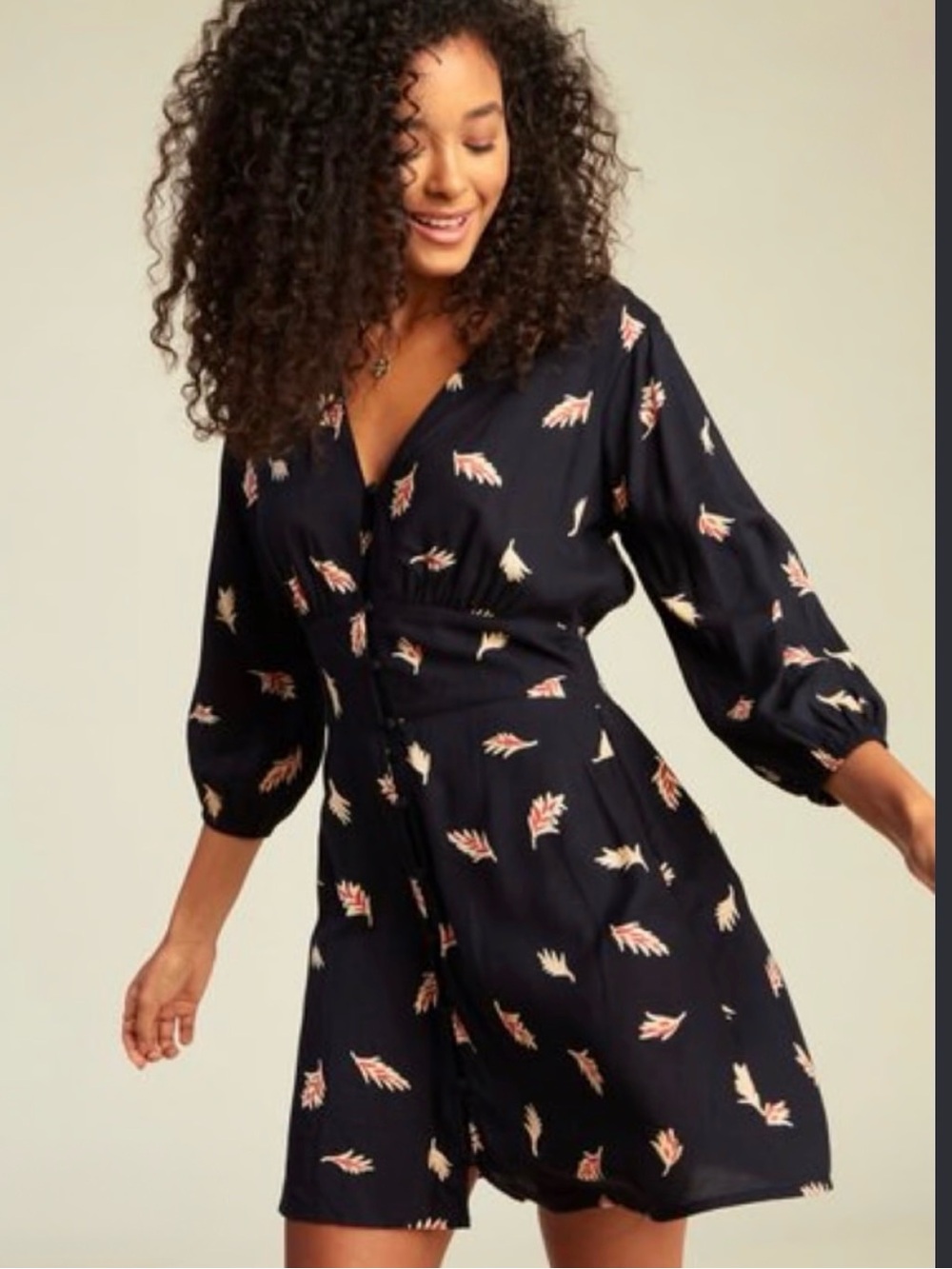 Billabong Love Potion Black Feather/Leaf Print Button Up Mini Dress